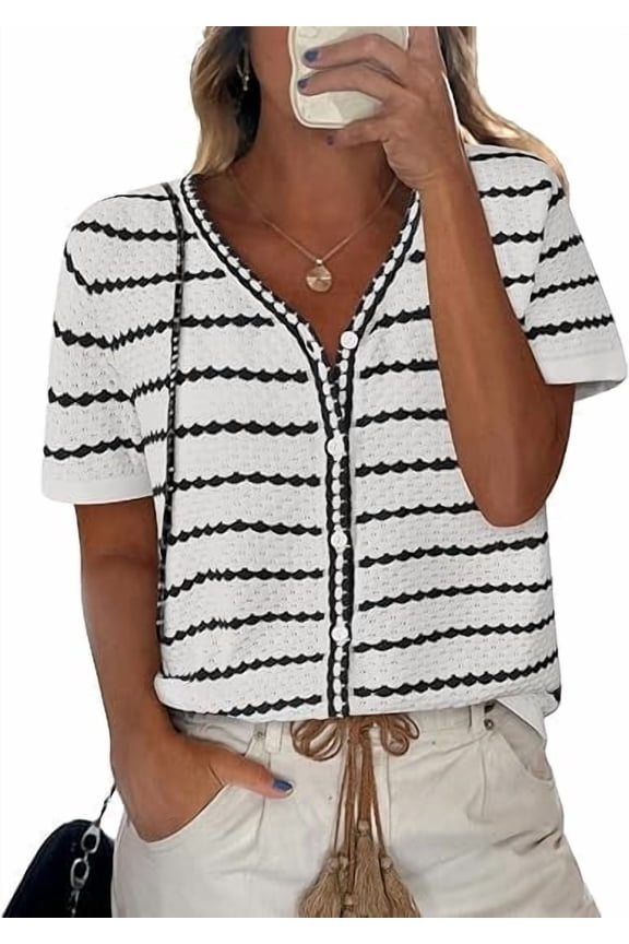 Women's Short Sleeve Sweater Spring Summer Crochet Knit Tops V Neck Striped Button Down Dressy Casual Blouses