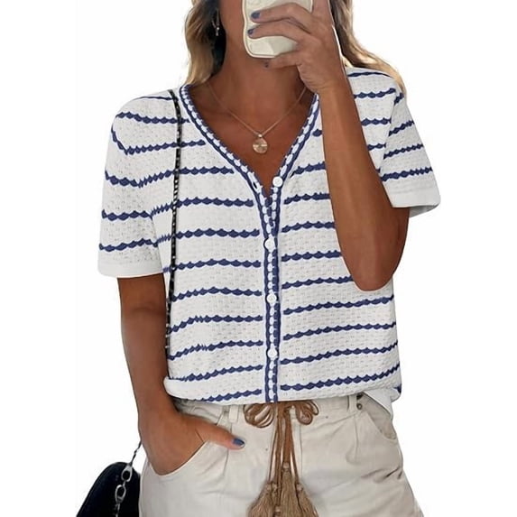 FreshPretty Women's Short Sleeve Sweater Spring Summer Crochet Knit Tops V Neck Striped Button Down Dressy Casual Blouses