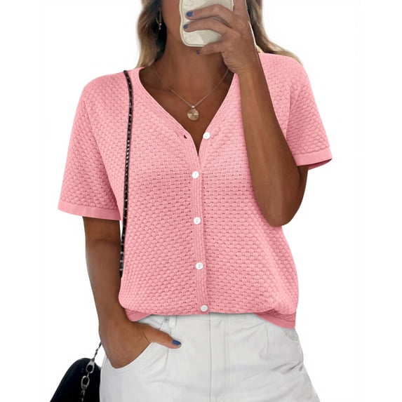 FreshPretty Women's Short Sleeve Sweater Spring Summer Crochet Knit Tops V Neck Striped Button Down Dressy Casual Blouses