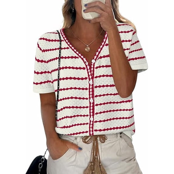 FreshPretty Women's Short Sleeve Sweater Spring Summer Crochet Knit Tops V Neck Striped Button Down Dressy Casual Blouses