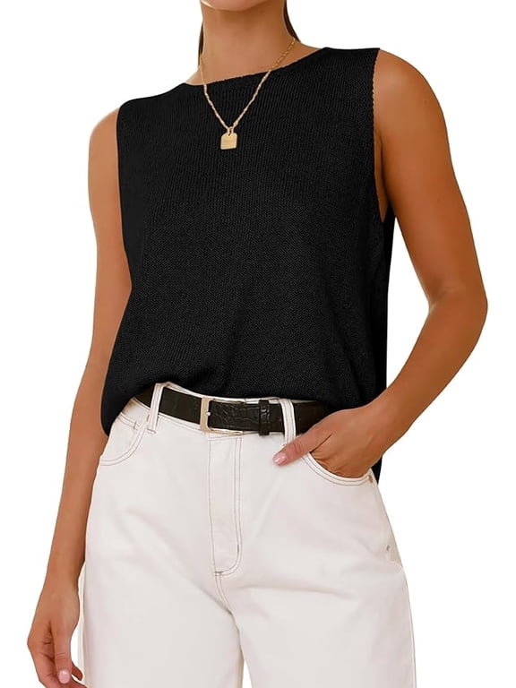 Women's Sleeveless Sweater Vest Summer Crew Neck Ribbed Knit Lightweight Pullover Casual Loose Fit Tank Tops