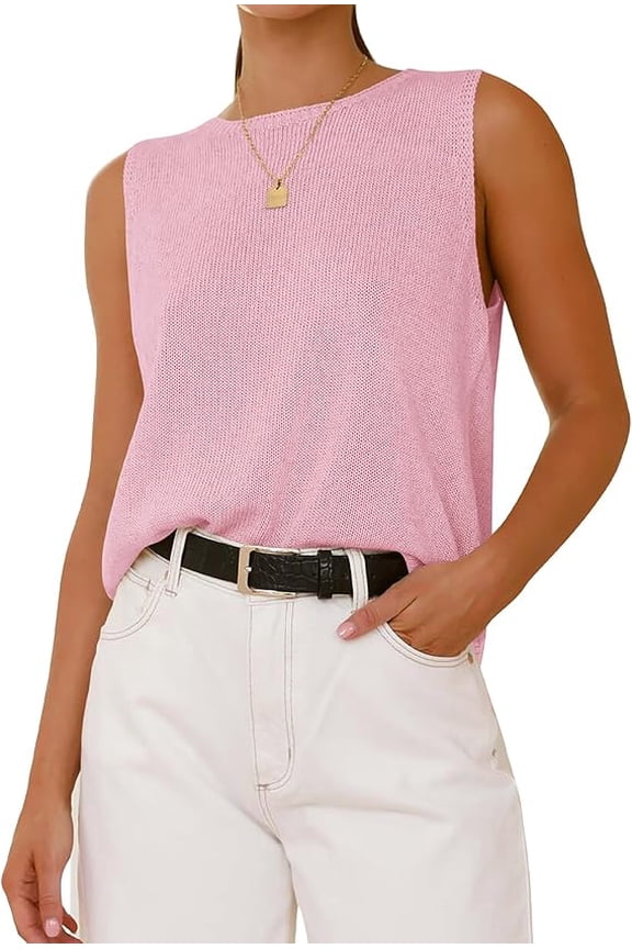 Women's Sleeveless Sweater Vest Summer Crew Neck Ribbed Knit Lightweight Pullover Casual Loose Fit Tank Tops