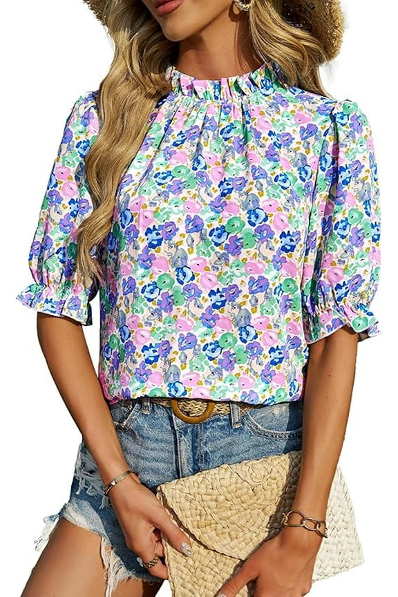Women's Summer Boho Shirt Top Ruffle Short Sleeve Frill Trim Mock Neck Floral Solid Casual Blouses Shirts Tops