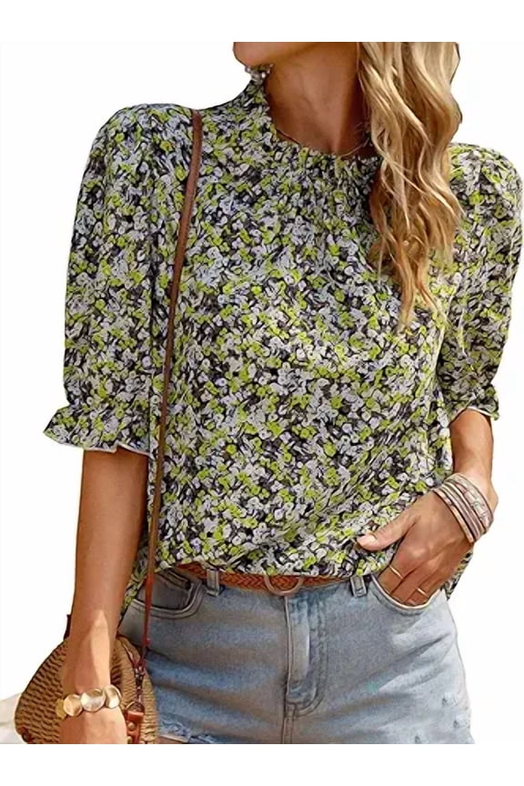 Women's Summer Boho Shirt Top Ruffle Short Sleeve Frill Trim Mock Neck Floral Solid Casual Blouses Shirts Tops