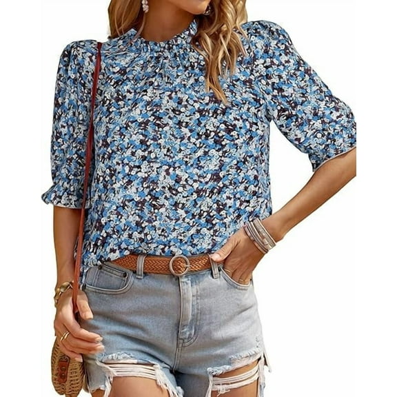 FreshPretty Women's Summer Boho Shirt Top Ruffle Short Sleeve Frill Trim Mock Neck Floral Solid Casual Blouses Shirts Tops