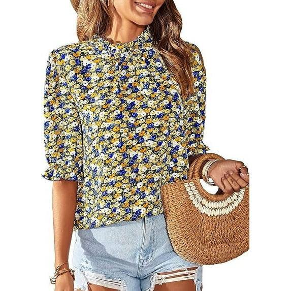 FreshPretty Women's Summer Boho Shirt Top Ruffle Short Sleeve Frill Trim Mock Neck Floral Solid Casual Blouses Shirts Tops