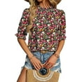 thumbnail image 1 of FreshPretty Women's Summer Boho Shirt Top Ruffle Short Sleeve Frill Trim Mock Neck Floral Solid Casual Blouses Shirts Tops, 1 of 6