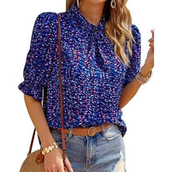 FreshPretty Women's Summer Boho Shirt Top Ruffle Short Sleeve Frill Trim Mock Neck Floral Solid Casual Blouses Shirts Tops