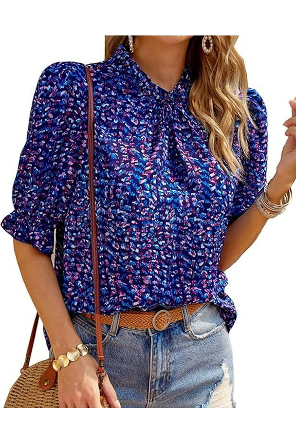 Women's Summer Boho Shirt Top Ruffle Short Sleeve Frill Trim Mock Neck Floral Solid Casual Blouses Shirts Tops