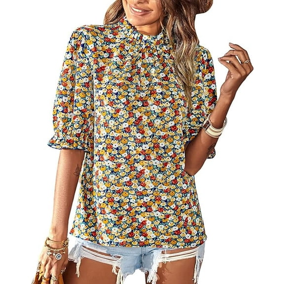 FreshPretty Women's Summer Boho Shirt Top Ruffle Short Sleeve Frill Trim Mock Neck Floral Solid Casual Blouses Shirts Tops