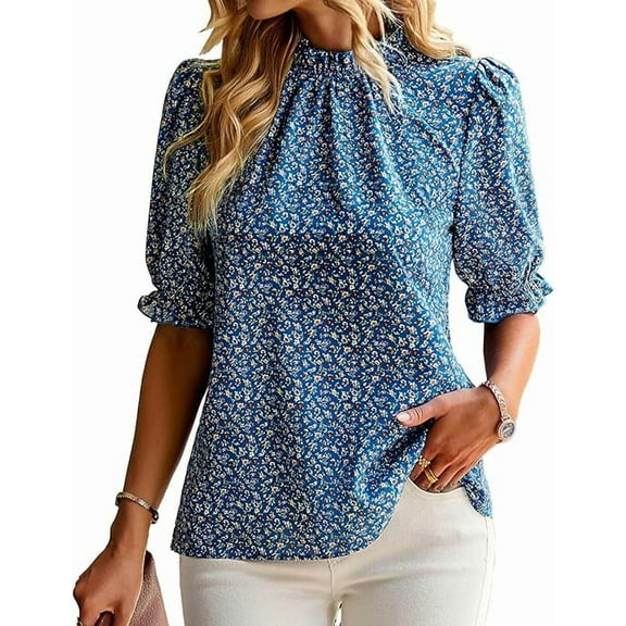 FreshPretty Women's Summer Boho Shirt Top Ruffle Short Sleeve Frill Trim Mock Neck Floral Solid Casual Blouses Shirts Tops