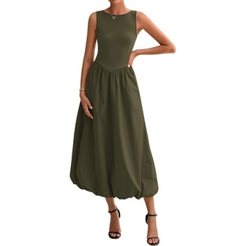 FreshPretty Women's Summer Casual Sleeveless Midi Dress Patchwork Knit Tank Bubble Long Flowy Beach Maxi Sundress Pockets