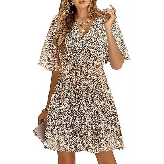 FreshPretty Women's Summer Dresses 2025 Casual Short Sleeve V Neck Ruffle Floral Print High Waist Flowy Mini Dress with Belt