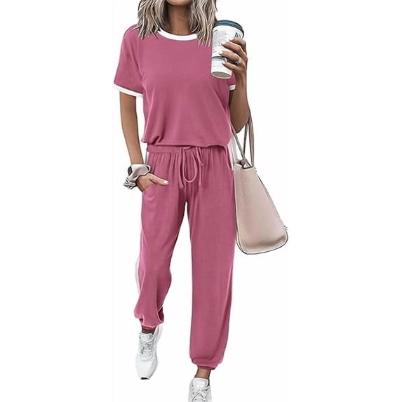 FreshPretty Womens 2 Piece Outfits Summer Tracksuit Sets Short Sleeve Tops Travel Long Pants Jogger Lounge Set