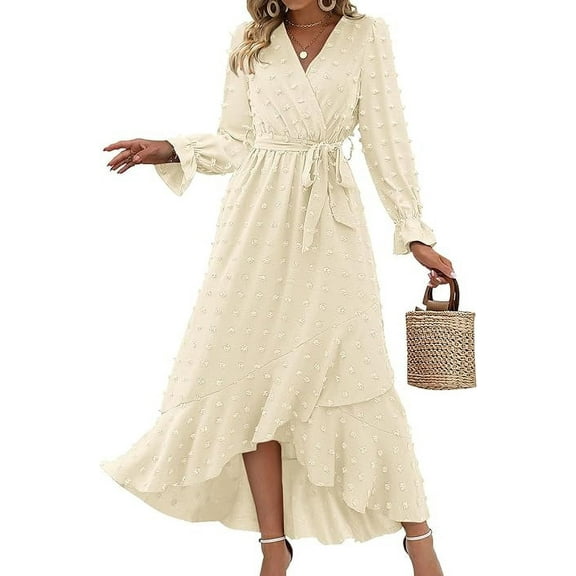 FreshPretty Womens Boho Cocktail Maxi Dress Fall Fashion V Neck Long Sleeve Swiss Dot Flowy Slit Wedding Guest Dresses