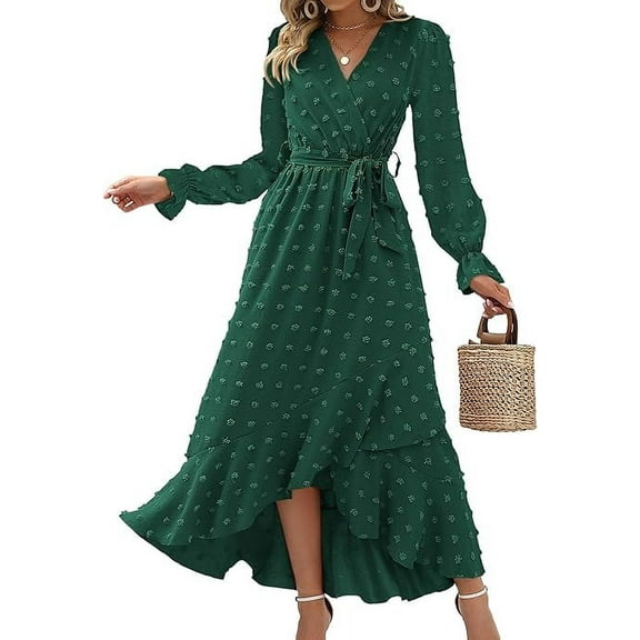 FreshPretty Womens Boho Cocktail Maxi Dress Fall Fashion V Neck Long Sleeve Swiss Dot Flowy Slit Wedding Guest Dresses