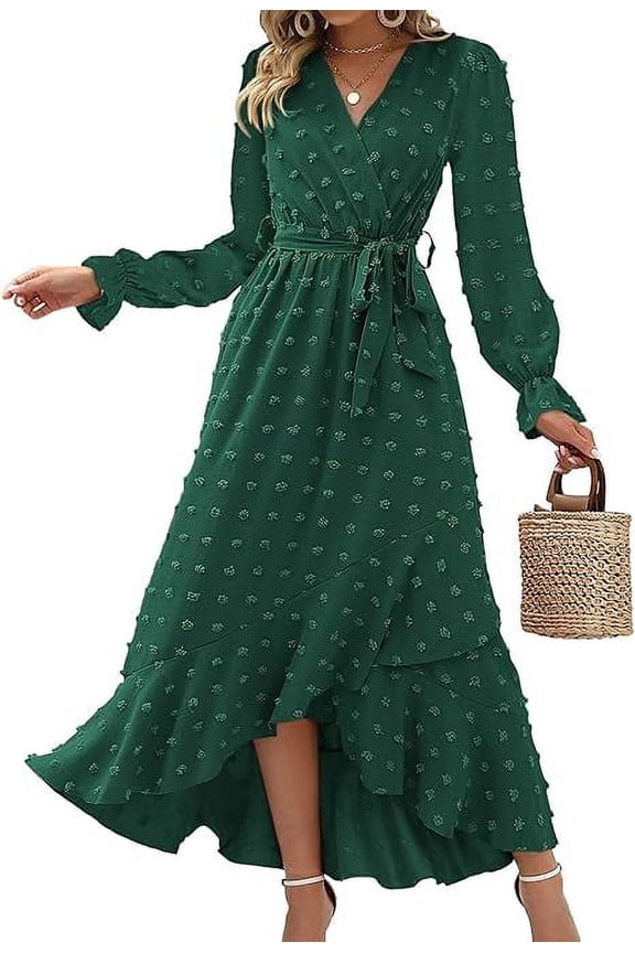 Womens Boho Cocktail Maxi Dress Fall Fashion V Neck Long Sleeve Swiss Dot Flowy Slit Wedding Guest Dresses