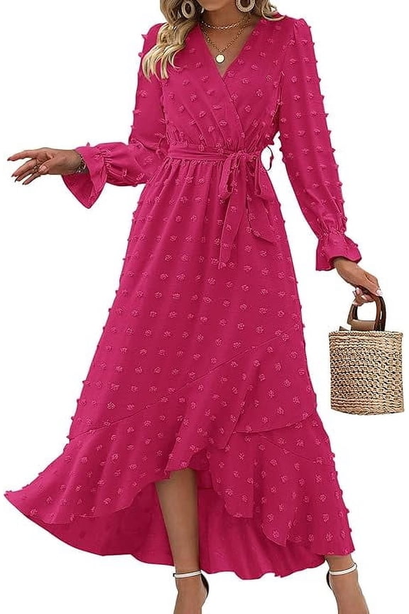 Womens Boho Cocktail Maxi Dress Fall Fashion V Neck Long Sleeve Swiss Dot Flowy Slit Wedding Guest Dresses