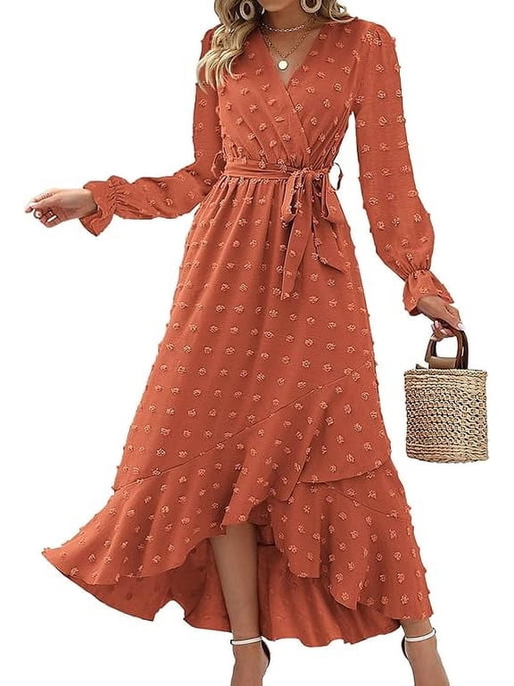 Womens Boho Cocktail Maxi Dress Fall Fashion V Neck Long Sleeve Swiss Dot Flowy Slit Wedding Guest Dresses