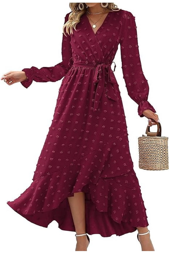 Womens Boho Cocktail Maxi Dress Fall Fashion V Neck Long Sleeve Swiss Dot Flowy Slit Wedding Guest Dresses