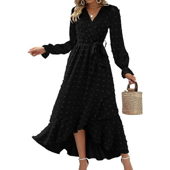 FreshPretty Womens Boho Cocktail Maxi Dress Fall Fashion V Neck Long Sleeve Swiss Dot Flowy Slit Wedding Guest Dresses