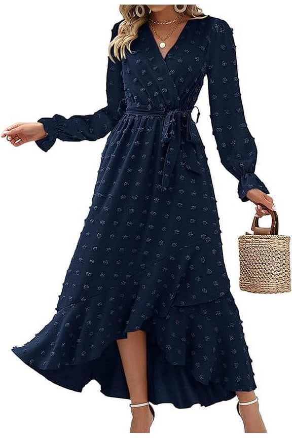 Womens Boho Cocktail Maxi Dress Fall Fashion V Neck Long Sleeve Swiss Dot Flowy Slit Wedding Guest Dresses