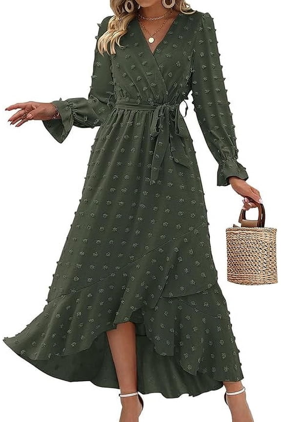 Womens Boho Cocktail Maxi Dress Fall Fashion V Neck Long Sleeve Swiss Dot Flowy Slit Wedding Guest Dresses