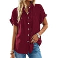 thumbnail image 1 of FreshPretty Womens Button Down Shirts Ruffle Short Sleeve Loose Summer Tops Dressy Casual V Neck Business Work Blouses, 1 of 9