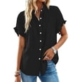 thumbnail image 1 of FreshPretty Womens Button Down Shirts Ruffle Short Sleeve Loose Summer Tops Dressy Casual V Neck Business Work Blouses, 1 of 9