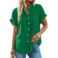 thumbnail image 1 of FreshPretty Womens Button Down Shirts Ruffle Short Sleeve Loose Summer Tops Dressy Casual V Neck Business Work Blouses, 1 of 9