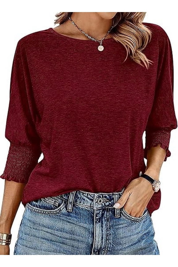 Womens Casual 3/4 Sleeve Tops Dressy Spring Summer T Shirts 2025 Crewneck Loose Tunic Vacation Blouses