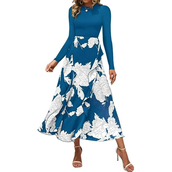 FreshPretty Womens Floral Maxi Dress Spring Summer Casual Crewneck Long Sleeve Ruffle Flowy Cocktail Wedding Guest Dresses