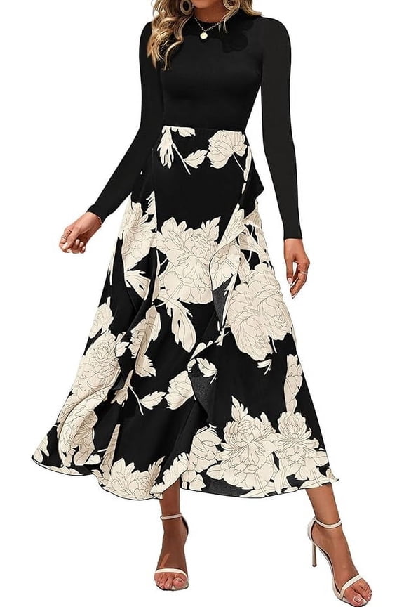 Womens Floral Maxi Dress Spring Summer Casual Crewneck Long Sleeve Ruffle Flowy Cocktail Wedding Guest Dresses