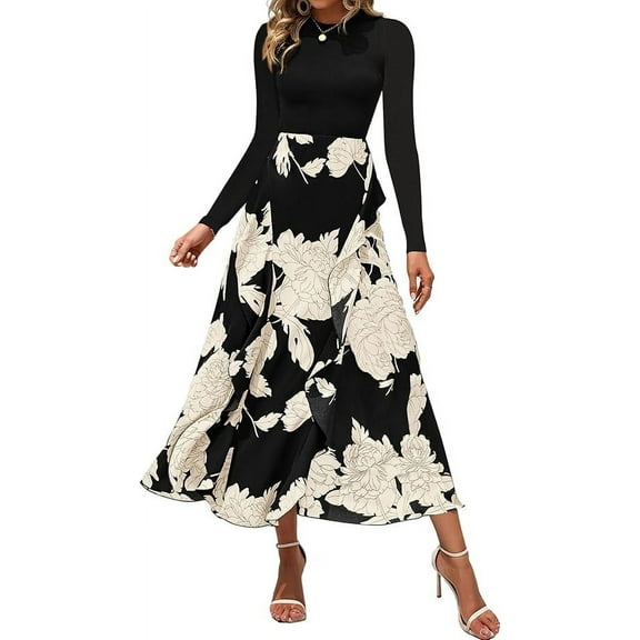FreshPretty Womens Floral Maxi Dress Spring Summer Casual Crewneck Long Sleeve Ruffle Flowy Cocktail Wedding Guest Dresses