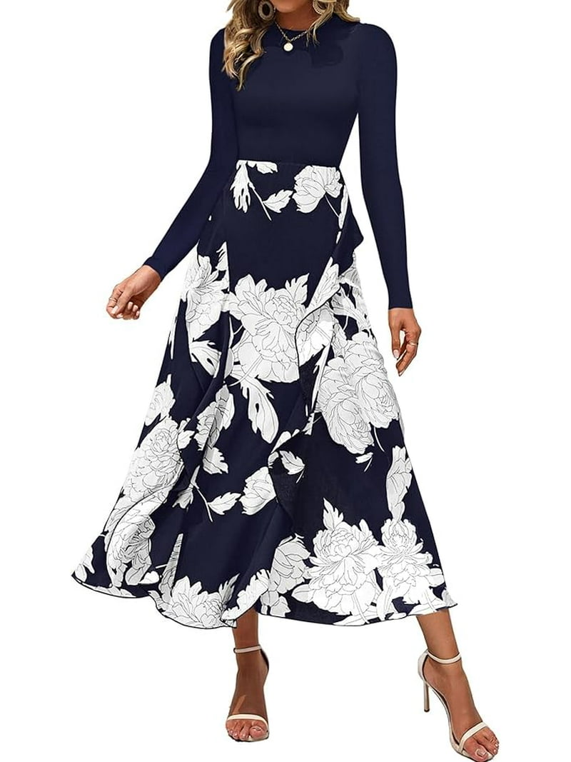 FreshPretty Womens Floral Maxi Dress Spring Summer Casual Crewneck Long  Sleeve Ruffle Flowy Cocktail Wedding Guest Dresses