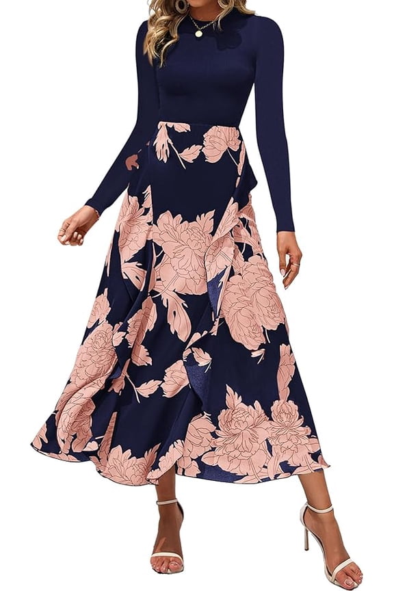 Womens Floral Maxi Dress Spring Summer Casual Crewneck Long Sleeve Ruffle Flowy Cocktail Wedding Guest Dresses