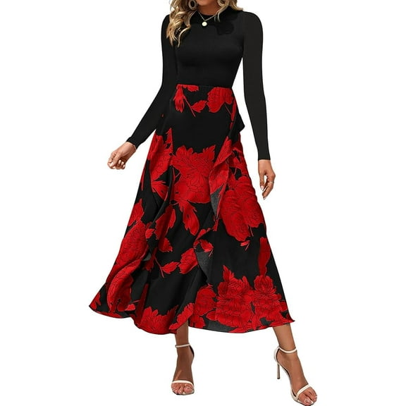 FreshPretty Womens Floral Maxi Dress Spring Summer Casual Crewneck Long Sleeve Ruffle Flowy Cocktail Wedding Guest Dresses