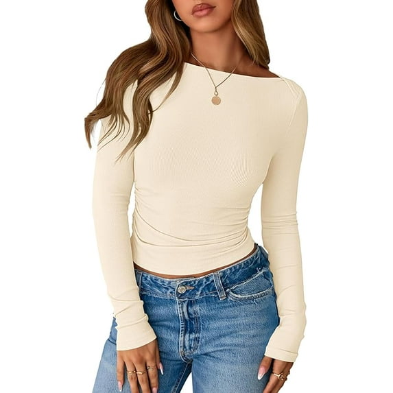 FreshPretty Womens Long Sleeve Tops Fall Fashion Ribbed Slim Fit Y2K Boat Neck T Shirts Casual Going Out Workout Outfits