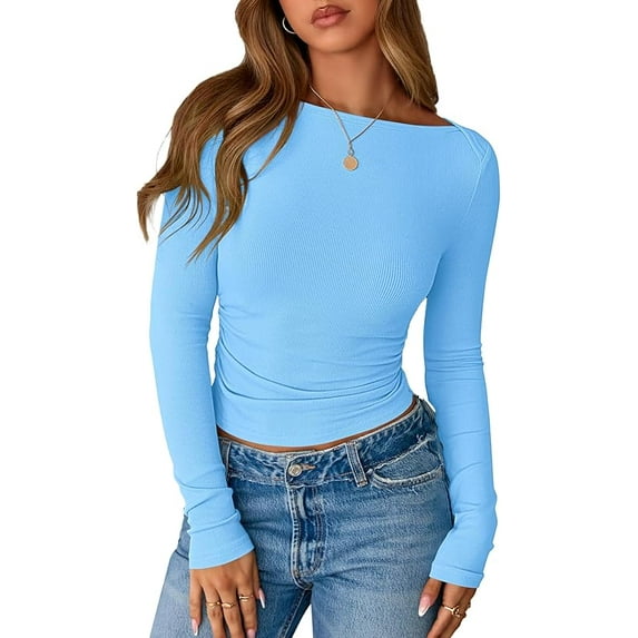 FreshPretty Womens Long Sleeve Tops Fall Fashion Ribbed Slim Fit Y2K Boat Neck T Shirts Casual Going Out Workout Outfits
