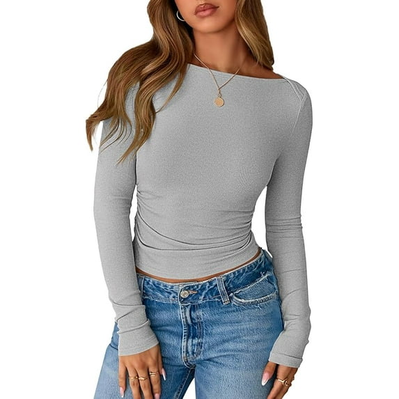 FreshPretty Womens Long Sleeve Tops Fall Fashion Ribbed Slim Fit Y2K Boat Neck T Shirts Casual Going Out Workout Outfits