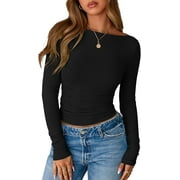 FRESHPRETTY Womens Long Sleeve Tops Fall Fashion Ribbed Slim Fit Y2K Boat Neck T Shirts Casual Going Out Workout Outfits