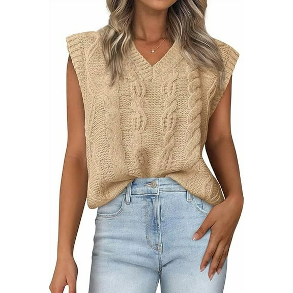 FreshPretty Womens Oversized Sweater Vest 2025 Summer V Neck Casual Sleeveless Sweaters Loose Cable Knit Pullover Tops