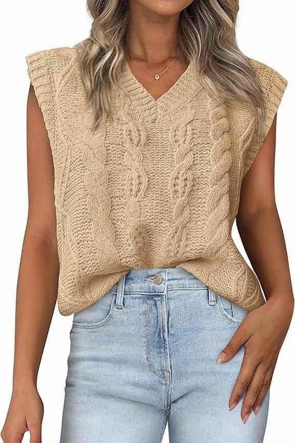 Womens Oversized Sweater Vest 2025 Summer V Neck Casual Sleeveless Sweaters Loose Cable Knit Pullover Tops