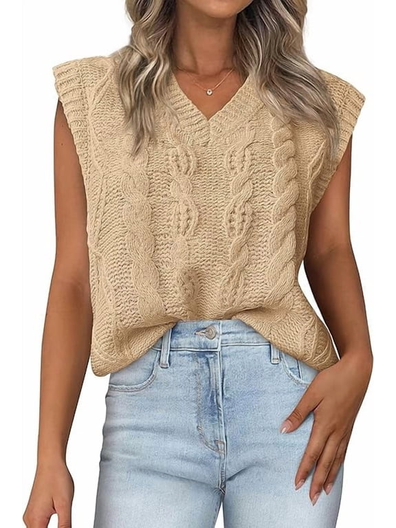 Womens Oversized Sweater Vest 2025 Summer V Neck Casual Sleeveless Sweaters Loose Cable Knit Pullover Tops