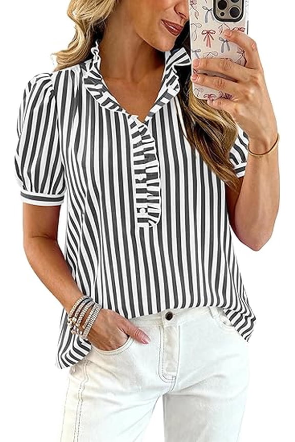 Womens Puff Short Sleeve Summer Tops Striped Plaid Ruffle V Neck Button Down Shirts Business Casual Work Blouses