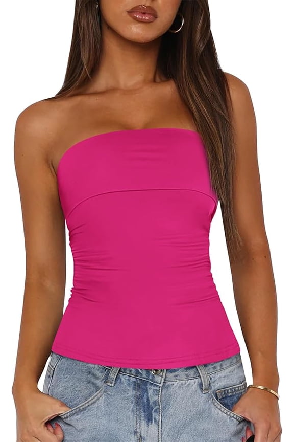 Womens Strapless Tube Tops Spring Summer Clothes Trendy Casual Ruched Stretchy Going Out Bodycon Bandeau Top