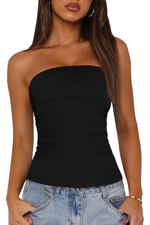 Womens Strapless Tube Tops Spring Summer Clothes Trendy Casual Ruched Stretchy Going Out Bodycon Bandeau Top