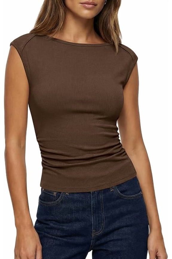 Womens Summer Tops Boat Neck Cap Sleeve Tee Shirts Ruched Slim Fit Knit Going Out Tank Top Spring Fashion