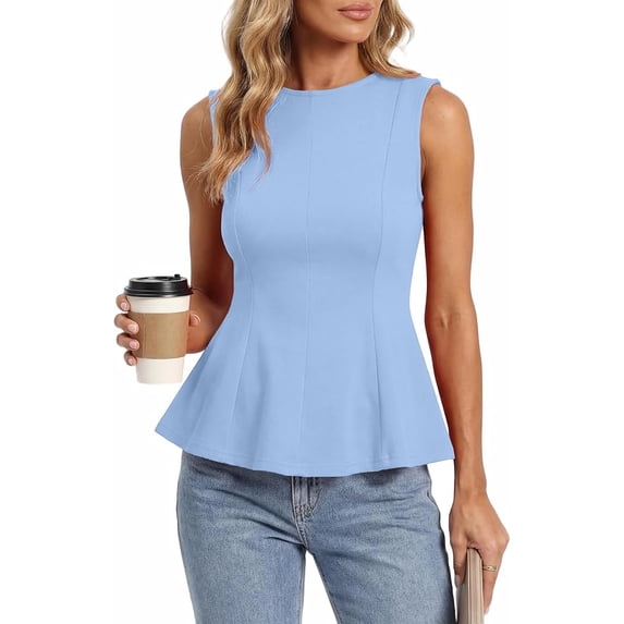 FreshPretty Womens Summer Tops Business Casual Outfits Crew Neck Sleeveless Shirts Slim Fit Peplum Tank Top