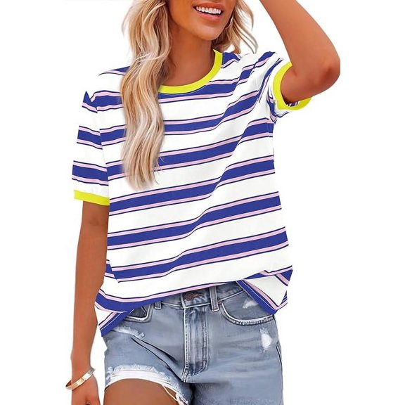 FreshPretty Womens Summer Tops Crewneck Short Sleeve Striped T Shirts Casual Loose Lightweight Color Block Basic Tee